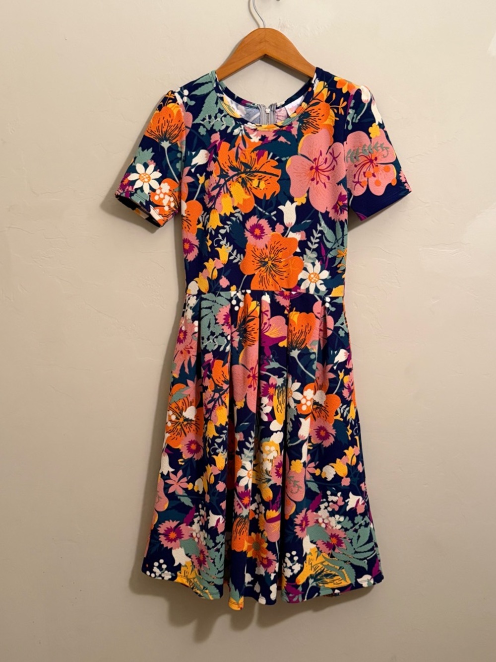 LuLaRoe Amelia Dress Small Floral Fit & Flare Navy Orange Pink Short Sleeve